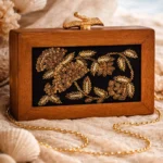 Embroidered Wooden Box Clutch – Black Velvet Floral Design with Golden Sequins & Tree Clasp
