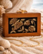 Embroidered Wooden Box Clutch – Black Velvet Floral Design with Golden Sequins & Tree Clasp