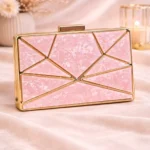 Elegant Geometric Pink Clutch – Glossy Marble Finish with Gold Detailing