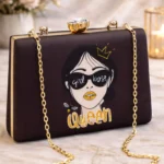 Girl Boss Queen Printed Clutch – Stylish Graphic Box Bag with Golden Chain & Crystal Knob