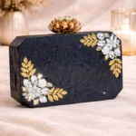 Black Floral Embellished Clutch – Textured Box Bag with Decorative Rose Knob & Crystal Accents