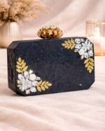 Black Floral Embellished Clutch – Textured Box Bag with Decorative Rose Knob & Crystal Accents