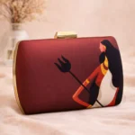 Divine Devi Print Clutch – Maroon Box Bag with Trishul Graphic & Golden Chain Sling