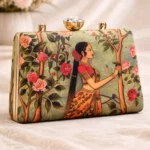 Royal Rajasthani Princess Print Clutch – Ethnic Art Box Bag with Crystal Knob & Golden Chain