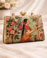 Royal Rajasthani Princess Print Clutch – Ethnic Art Box Bag with Crystal Knob & Golden Chain