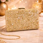 Golden Stone-Embellished Clutch – Textured Party Box Bag with Glitter Accents