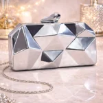 Golden Geometric Metallic Clutch – 3D Diamond Pattern Evening Bag with Chain Strap