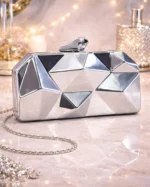 Golden Geometric Metallic Clutch – 3D Diamond Pattern Evening Bag with Chain Strap