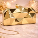 Golden Geometric Metallic Clutch – 3D Diamond Pattern Evening Bag with Chain Strap