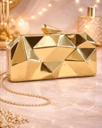 Golden Geometric Metallic Clutch – 3D Diamond Pattern Evening Bag with Chain Strap