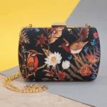 Elegant Bird & Floral Printed Clutch – Black Satin Finish with Golden Clasp