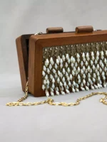 Handcrafted Wooden Clutch with Pearl Tassel Embellishments – Ethnic Box Sling Bag - Image 3