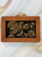 Embroidered Wooden Box Clutch – Black Velvet Floral Design with Golden Sequins & Tree Clasp - Image 4