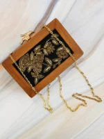 Embroidered Wooden Box Clutch – Black Velvet Floral Design with Golden Sequins & Tree Clasp - Image 3