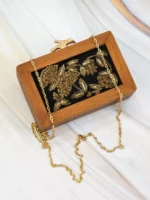 Embroidered Wooden Box Clutch – Black Velvet Floral Design with Golden Sequins & Tree Clasp - Image 5