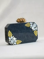 Black Floral Embellished Clutch – Textured Box Bag with Decorative Rose Knob & Crystal Accents - Image 2
