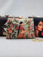 Royal Rajasthani Princess Print Clutch – Ethnic Art Box Bag with Crystal Knob & Golden Chain - Image 2