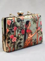 Royal Rajasthani Princess Print Clutch – Ethnic Art Box Bag with Crystal Knob & Golden Chain - Image 4
