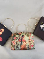 Royal Rajasthani Princess Print Clutch – Ethnic Art Box Bag with Crystal Knob & Golden Chain - Image 3