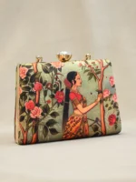 Royal Rajasthani Princess Print Clutch – Ethnic Art Box Bag with Crystal Knob & Golden Chain - Image 5