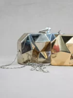 Golden Geometric Metallic Clutch – 3D Diamond Pattern Evening Bag with Chain Strap - Image 4